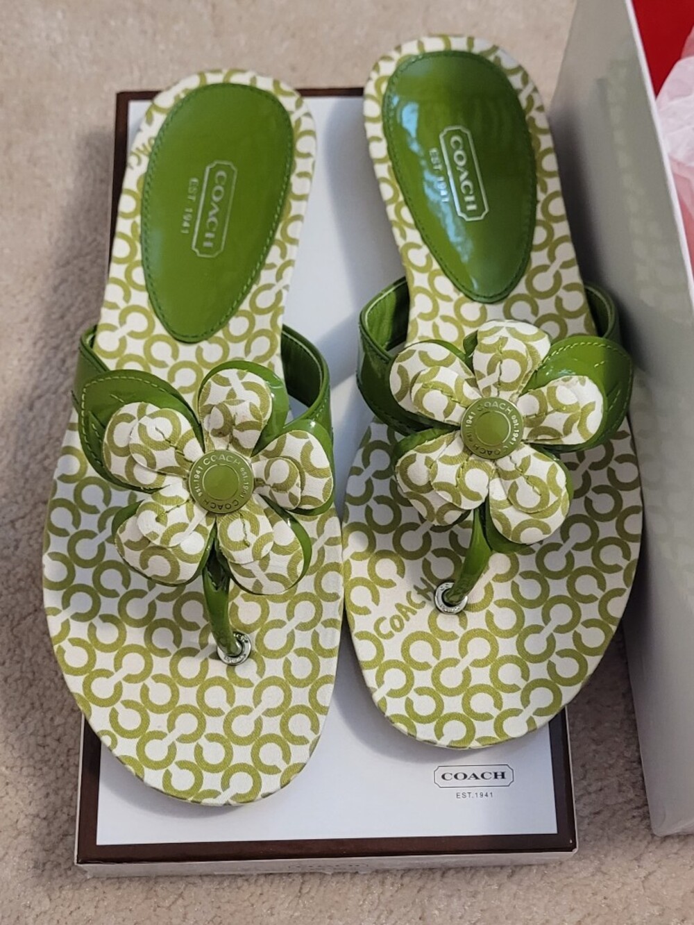 Y2K Vintage Coach Green Signature Flower Sandals Sz 8 NWOT